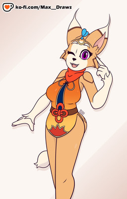 4_fingers anthro big_ears biped breasts clothed clothing female fingers fur looking_at_viewer one_eye_closed open_mouth pose purple_eyes simple_background smile solo standing tail wink max_draws ko-fi the_great_warrior_wall xi_yue_(tgww) domestic_cat felid feline felis mammal hi_res pinup
