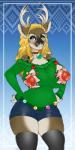 anthro antlers big_breasts blonde_hair blue_eyes blush breasts choker clothing female hair holidays horn jewelry legwear necklace ornament solo squish sweater thick_thighs thigh_highs thigh_squish tight_clothing topwear ugly_christmas_sweater wide_hips niis christmas vanja_(character) deer mammal new_world_deer reindeer 2019 hi_res