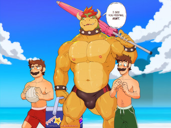 abs anthro ball barazoku beach beach_umbrella beard biceps big_bulge big_muscles bisexual_pride_colors blush bodily_fluids bracelet bulge claws clothed clothing cloud collar cooler day detailed_bulge dialogue erection erection_under_clothing eyebrows facial_hair flustered genital_outline glistening glistening_body group hair holding_object horn huge_bulge huge_muscles jewelry larger_anthro larger_male lgbt_pride looking_at_another looking_at_bulge looking_away male muscular muscular_anthro muscular_male mustache narrowed_eyes navel nipples non-mammal_nipples obliques ogling outside parasol pecs penis_outline pride_colors sand sea seaside size_difference sky smaller_human smaller_male smile speedo spiked_bracelet spiked_collar spikes standing sticker sweat swimming_trunks swimwear talking_to_another text thick_thighs topless topless_anthro topless_human topless_male trio vein volleyball_(ball) walking water bonfiredemon mario_bros nintendo bowser luigi mario human koopa mammal scalie 2023 4:3 artist_name english_text hi_res url brother_(lore) brothers_(lore) sibling_(lore) twins_(lore)