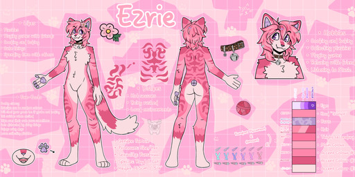 accessory anthro ball_of_yarn bell bell_collar breasts collar featureless_breasts featureless_crotch female flower flower_in_hair fluffy fluffy_tail fur geometric_background grid_background hair hair_accessory pattern_background pink_background pink_body pink_fur pink_hair plant purple_eyes simple_background solo tail text yarn ezrie fleurfurr domestic_cat felid feline felis mammal ragdoll_cat absurd_res hi_res model_sheet