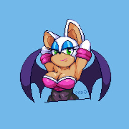 anthro armwear bat_wings big_breasts blue_background breasts cleavage clothed clothing elbow_gloves eyelashes female female_anthro fur glistening glistening_body glistening_eyelids glistening_fur gloves green_eyes hands_behind_head handwear lips membrane_(anatomy) membranous_wings navel pink_lips purple_wings raised_arms simple_background smile solo tan_body tan_fur white_body white_clothing white_fur white_gloves white_handwear wings genocl sega sonic_the_hedgehog_(series) rouge_the_bat bat mammal 1:1 digital_media_(artwork) pixel_(artwork)