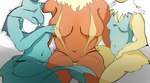 anthro big_breasts bikini breast_size_difference breasts clothing female group obscured_face one-piece_swimsuit small_breasts string_bikini swimwear trio two-piece_swimsuit qjork_(artist) nintendo pokemon eeveelution flareon generation_1_pokemon jolteon pokemon_(species) vaporeon