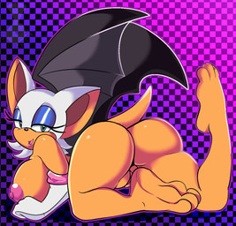 3_toes all_fours anthro areola armwear big_breasts blue_eyes breasts butt checkered checkered_background clothing elbow_gloves eyeshadow feet female fur genitals gloves gloves_only gradient_background hair handwear handwear_only lipstick looking_at_viewer lying makeup membrane_(anatomy) membranous_wings mostly_nude nipples nude on_front one_calf_up pattern_background pink_areola pink_background pink_nipples pink_tongue pink_vulva purple_background simple_background smile solo tail tan_body tan_skin toes tongue vulva white_body white_fur white_hair wings justathereptile sega sonic_the_hedgehog_(series) rouge_the_bat bat mammal 2021 digital_media_(artwork) hi_res
