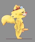 anthro balls erection eyes_closed eyewear fur genitals goggles grey_background humanoid_genitalia humanoid_penis male mouth_closed nude nude_anthro penis side_view simple_background slightly_chubby smile solo standing tail thick_thighs whiskers yellow_body yellow_fur thael nintendo warioware spitz_(warioware) domestic_cat felid feline felis mammal hi_res