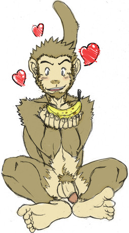 anthro balls banana biped blush brown_body brown_fur circumcised feet flaccid food fruit fur genitals heart_symbol hindpaw humanoid_genitalia humanoid_penis male nude paws penis plant pubes simple_background sitting solo tail white_background demonfruit haplorhine mammal monkey primate