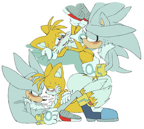 2_tails abdominal_bulge anal anal_penetration anthro balls blush blush_lines bodily_fluids clothing erection footwear fur genitals gloves grabbing_sheets handwear lying male male/male male_penetrated male_penetrating male_penetrating_male multi_tail on_back open_mouth oral penetration penile penile_penetration penis penis_in_ass rimming sex shoes simple_background small_penis sweat tail tail_pull text tongue tongue_out white_body white_fur young pachi_rizuu sega sonic_the_hedgehog_(series) miles_prower silver_the_hedgehog canid canine eulipotyphlan fox hedgehog mammal digital_media_(artwork)