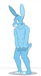 anthro blue_body blue_eyes blue_fur bottomless clothed clothing erection erection_under_clothing front_view fur grin head_tuft long_ears looking_at_viewer male shy simple_background smile solo standing teeth tuft white_background bucklebunny lagomorph leporid mammal rabbit hi_res partially_colored