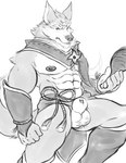 abs animal_genitalia anthro arms balls bandanna blush body_hair clothes_hanger genitals kerchief male muscular muscular_male pecs penis penis_tip pose serious_face sheath solo gerosandias081 capcom monster_hunter canid canine canis canyne mammal palamute wolf monochrome