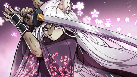 ambiguous_gender anthro biped claws clothed clothed_ambiguous clothed_anthro clothing ear_piercing fingers front_view fur gloves hair handwear inner_ear_fluff looking_at_viewer melee_weapon piercing simple_background solo spots sword tuft weapon shermugi felid feline mammal 16:9 2026 digital_drawing_(artwork) digital_media_(artwork) hi_res widescreen