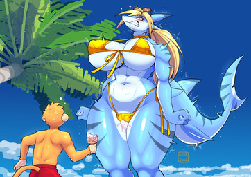 anthro big_breasts bikini biped blonde_hair blue_body blush breasts camel_toe clitoris_outline clothed clothing dessert duo eyewear eyewear_on_head female female_anthro food hair ice_cream larger_anthro larger_female male navel red_clothing shark_tail side-tie_bikini size_difference smaller_anthro smaller_male string_bikini sunglasses sunglasses_on_head swimwear thick_thighs topless two-piece_swimsuit wearing_sunglasses wide_hips butter_sugoi golden_week aquatic fish haplorhine mammal monkey primate shark hi_res