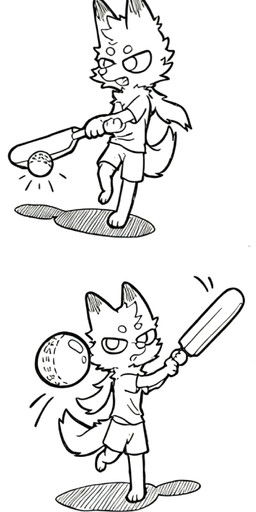 action_pose anthro barefoot bat_(object) bottomwear chibi clothing cricket_(sport) cricket_ball cricket_bat feet fur hair male ponytail pose shirt shorts sport standing t-shirt topwear white_body white_fur mixia cricket_chen arctic_fox canid canine fox mammal true_fox hi_res