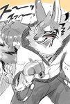 4_fingers anthro blush bottomwear clothed clothing duo fingers fur holding_tail looking_at_another looking_back male male/male pants striped_body striped_fur stripes tail nokia1124_a lifewonders tokyo_afterschool_summoners seth_(tas) canid canine canis human jackal mammal hi_res monochrome sketch