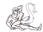 4:3 anonymous_artist anthro asumi_mitsu blush blush_lines cita_sumi domestic_ferret duo eye_contact female human jason_khole larger_male long_tail looking_at_another low_res male male/female mammal muscular muscular_male mustelid musteline on_lap sitting sitting_on_lap size_difference smaller_female super_human tail true_musteline weasel