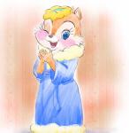 anthro bathrobe blue_clothing blue_eyes blush clothed clothing eyelashes female flower fur headgear looking_at_viewer one_eye_closed open_mouth open_smile pink_blush plant red_nose robe simple_background smile solo standing tan_body tan_fur wink shirotarosu chip_'n_dale disney clarice_(disney) chipmunk ground_squirrel mammal rodent sciurid hi_res