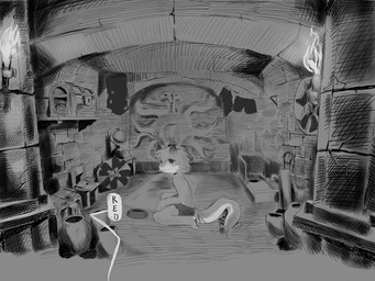 anthro basement bottomwear clothed clothing countershade_torso countershading fur horn kneeling looking_at_viewer male male_anthro pawpads paws shield shorts shorts_only solo speech_bubble stone_wall tail thick_tail topless topless_anthro topless_male torch treasure_chest vase wall_(structure) white_body white_countershading huntings mythology red_the_explorer dragon furred_dragon furred_scalie mythological_creature mythological_scalie scalie 4:3 absurd_res cross-hatching hatching_(art) hi_res monochrome shaded