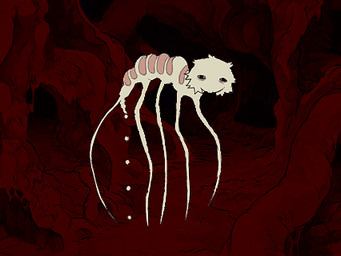 5_legs abstract_background ambiguous_feral ambiguous_gender black_eyes feral fur mouthless multi_leg multi_limb noseless solo yellow_body yellow_fur jejejunum pest's_abomination arthropod insect unknown_species 2d_animation animated full-length_portrait loop low_res portrait