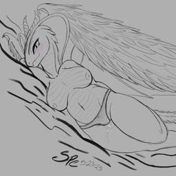 2_horns anthro areola belly big_breasts blush bodily_fluids body_blush bow_panties bow_underwear breasts camel_toe claws clothed clothing dutch_angle eyelashes fangs feathered_wings feathers female frilly frilly_clothing frilly_panties frilly_underwear genital_fluids genitals gusset horn hybrid_wings lace_panties long_neck looking_at_viewer lying membrane_(anatomy) membranous_wings navel nipples non-mammal_breasts non-mammal_navel non-mammal_nipples obscured_inner_labia on_side panties panties_only plump_labia pupils scales slit_pupils smile smiling_at_viewer snake_hood solo teeth thick_thighs topless underwear underwear_only vaginal_fluids vaginal_fluids_on_leg vaginal_fluids_through_clothing ventral_scales vulva vulva_blush wet wet_clothing wet_panties wet_underwear wide_hips wing_claws wings spe european_mythology mythology selena_(spe) dragon hybrid mythological_creature mythological_scalie reptile scalie snake western_dragon 1:1 2025 absurd_res dated digital_drawing_(artwork) digital_media_(artwork) hi_res procreate_(artwork) signature sketch spot_color