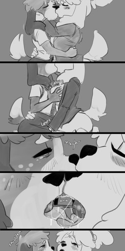 accessory anal_beads anal_beads_in_mouth anthro arms_around_partner blouse blush bodily_fluids bottomwear breast_grab breasts butt butt_grab clothed clothing crossdressing crossdressing_female crossdressing_male drooling duo eyes_closed female hair_accessory hand_on_breast hand_on_butt jacket kissing kneeling making_out male male/female necktie oral oral_penetration pants penetration saliva sex_toy sex_toy_in_mouth sex_toy_insertion shirt skirt string_bow swallowing_sex_toy topwear vest cuttlehonk animal_crossing nintendo digby_(animal_crossing) isabelle_(animal_crossing) canid canine canis domestic_dog mammal shih_tzu toy_dog absurd_res comic greyscale hi_res monochrome multiple_scenes brother_(lore) brother_and_sister_(lore) incest_(lore) sibling_(lore) sister_(lore) twincest_(lore) twins_(lore)
