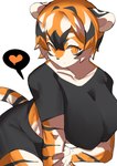 2021 absurd_res anthro arknights aspirindabaitu big_breasts black_body black_nose bottomwear breasts clothed clothing countershading felid female female_anthro fur hair heart_symbol hi_res hypergryph kemono looking_at_viewer mammal midriff multicolored_body multicolored_fur multicolored_hair orange_body orange_fur orange_hair pantherine pupils short_hair shorts simple_background slit_pupils smile solo speech_bubble studio_montagne tiger waaifu_(arknights) white_background white_body white_fur white_hair