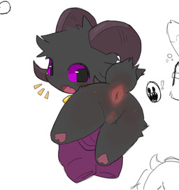 2_horns anthro anus bar_emanata biped black_body black_fur bovid_horn caprine_horn chibi emanata female female_anthro fur genitals horn innie_vulva looking_back_at_self monotone_body monotone_fur plantigrade pupils purple_eyes ram_horn rear_view scut_tail short_tail simple_background solo square_pupils tail tail_anus vulva white_background aellaellae bovid caprine mammal sheep 2026 absurd_res cropped digital_drawing_(artwork) digital_media_(artwork) flat_colors hi_res