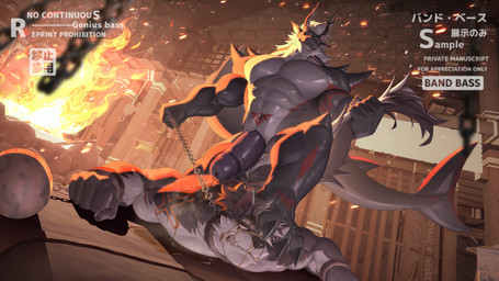 2_horns abs animal_genitalia anthro arm_markings arm_spikes ball_and_chain bandage bandage_on_face bandage_on_nose barazoku biceps bodily_fluids chain chained_collar cjk_character claws cuff_(restraint) deltoids do_not_distribute dominant dominant_anthro dominant_male duo eye_roll factory fallen_hero feet fin finger_claws fire foot_on_head fur genital_fluids genital_slit genitals grey_body grey_fur grey_scales grin hair handcuffed handcuffs horn humanoid_genitalia humanoid_penis humanoid_penis_in_slit incinerator inside leash leash_pull lying male male/male markings metal_cuffs multicolored_body multicolored_scales muscular muscular_anthro muscular_male on_front on_ground orange_markings pecs peeing peeing_on_another peeing_while_erect penis red_body red_scales restraints rock scales shoulder_markings shoulder_spikes smile spikes spikes_(anatomy) submissive submissive_anthro submissive_male tail tail_fin tail_pull text toe_claws two_tone_body two_tone_scales urine urine_on_face white_hair x_marking yuezai_1 mythology mgg_(character) canid canine canis dragon mammal mythological_creature mythological_scalie scalie wolf 16:9 2025 absurd_res english_text hi_res japanese_text widescreen