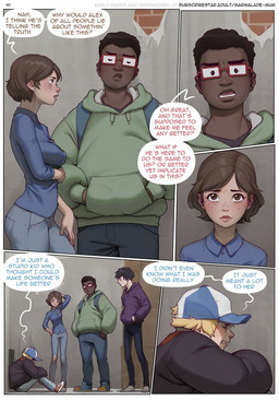 5_fingers backpack baseball_cap black_hair blonde_hair blue_bottomwear blue_clothing blue_jeans blue_pants blue_shirt blue_topwear bodily_fluids border bottomwear breasts brown_hair cigarette_box clothing crying dark_body dark_skin denim denim_bottomwear denim_clothing dialogue eyewear female fingers footwear freckled_face freckles glasses green_eyes group hair hat headgear headwear hoodie jacket jeans light_body light_skin male page_number pants patch_(fabric) school shirt shoes sneakers speech_bubble sunglasses tears text topwear torn_bottomwear torn_clothing torn_jeans torn_pants white_border wide_hipped_female wide_hips marmalademum alex_bell_(marmalademum) madison_(marmalademum) riley_(marmalademum) human mammal 2021 comic english_text