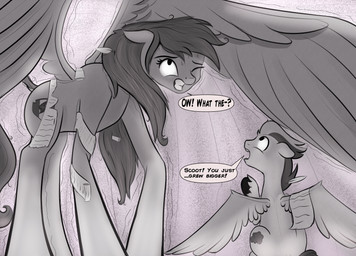 aged_up ambiguous_gender bodily_fluids body_size_growth clenched_teeth duo feral growth hair inside long_hair motion_lines paper raised_arm scroll shield sitting size_difference size_transformation standing surprised sweat teeth transformation cosmonaut friendship_is_magic hasbro my_little_pony rumble_(mlp) scootaloo_(mlp) equid equine horse mammal pony digital_drawing_(artwork) digital_media_(artwork) hi_res