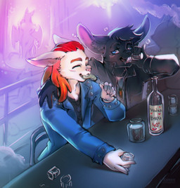 alcohol anthro beverage clothed clothing drunk duo food fur hair open_mouth smile strip_club substance_intoxication vodka kardie lagomorph leporid mammal rabbit hi_res