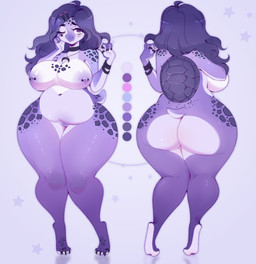 5_fingers accessory ahoge anthro areola barbell_piercing belly big_breasts big_butt blush bracelet breasts butt choker color_swatch eyelashes female fingers glistening_eyelids hair hair_accessory hairclip jewelry long_eyelashes long_hair looking_at_viewer markings navel necklace nipple_piercing nipples nude one_eye_closed overweight piercing purple_areola purple_body purple_eyes purple_hair purple_markings purple_nipples scales short_tail solo spots spotted_markings standing tail wide_hips mokkapie reptile scalie turtle colored digital_drawing_(artwork) digital_media_(artwork) hi_res shaded