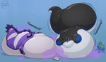 anthro big_tail black_body blue_background blue_body bodily_fluids book glistening glistening_body glistening_tail green_body green_eyes huge_tail hyper hyper_inflation hyper_tail magic magic_inflation motion_lines onomatopoeia purple_body simple_background sound_effects spherical_inflation sweat tail tail_inflation text white_body yellow_eyes blue_(artist) mythology blue_(blue) koruko nova-drox dragon mythological_creature mythological_scalie scalie 2020 absurd_res hi_res