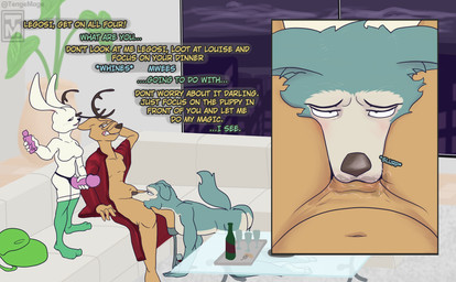 amputee anthro big_butt blush butt clothing dialogue disability female group legwear looking_at_viewer male male/female male/male nude oral prosthetic prosthetic_leg prosthetic_limb robe robe_only stockings strapon submissive submissive_male text trio tenge_mage beastars haru_(beastars) legoshi_(beastars) louis_(beastars) canid canine canis deer lagomorph leporid mammal rabbit wolf absurd_res comic english_text hi_res