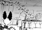 anthro bar bar_counter bar_stool big_ears counter electronics female furniture inside jukebox music musical_note musical_symbol post-apocalyptic ruins solo stool symbol text hladilnik fallout microsoft janice_(hladilnik) raider_(fallout) lagomorph leporid mammal rabbit 2023 black_and_white english_text hi_res monochrome