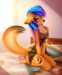 anthro areola barefoot bed biped black_nose blue_eyes breasts claws clothed clothing eyebrows eyelashes feet female fur furniture kneeling nipples on_bed orange_body orange_fur pawpads pink_pawpads red_eyes smile soles solo toes translucent translucent_clothing omiart gumi_(omiart) canid canine fox mammal 2019 digital_media_(artwork) hi_res