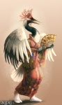 anthro asian_clothing beak biped clothed clothing dancing east_asian_clothing feathers female geisha hand_fan holding_object japanese japanese_clothing kimono simple_background solo standing tail tail_feathers nathradas eurofurence avian bird crane_(bird) gruiform grus_(genus) red-crowned_crane