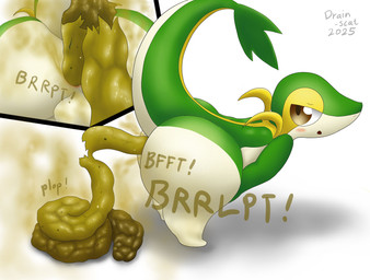 anthro anus balls big_butt brown_eyes butt curvy_figure feces feces_in_ass feces_on_ground feces_pile genitals green_body leaf leaf_tail male multicolored_body pooping pooping_on_floor simple_background solo tail tan_body white_background wide_hips yellow_body drain_scat nintendo pokemon generation_5_pokemon pokemon_(species) snivy 2025 absurd_res hi_res
