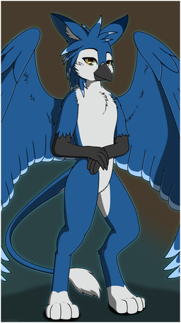 anthro big_ears big_wings blue_body blue_feathers blue_fur border chest_tuft closed_beak digitigrade feathers featureless_chest featureless_crotch feline_paws female female_anthro fluffy fluffy_chest fur looking_at_viewer multicolored_body open_wings paws shy simple_background solo standing tail tail_tuft talon_hands tuft white_body white_fur wings wringing_hands yellow_eyes wrattales2022 mythology rinna_(wrattales2022) avian gryphon mythological_avian mythological_creature hi_res shaded simple_shading