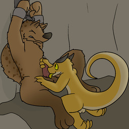 3_toes 4_fingers anthro backsack balls bdsm bodily_fluids bondage bound brown_body brown_fur brown_nose cum digitigrade dominant dominant_male duo erection eyes_closed feet fellatio fingers forced fur genital_fluids genitals hindpaw horn inside kneeling long_mouth male male/male markings no_sclera nude oral paws penile penis power_bottom pupils raised_tail reverse_forced_oral sex shadow slave slit_pupils spots spotted_body spotted_fur submissive submissive_male tail toes tongue yellow_body yellow_eyes trout_(artist) gnoll hyena kobold mammal reptile scalie spotted_hyena 1:1 2015 aliasing digital_media_(artwork)