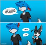 2020 absurd_res anthro blue_body blue_fur canid canine clothing comic countershading dialogue domestic_cat duo english_text felid feline felis fennec_fox fox fur green_eyes hi_res humor jay-r jay-r_(character) male mammal open_mouth page_(jay-r) text true_fox url