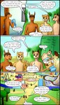 adolescent anthro casual_nudity dialogue group male morning noisy_sex nudist outside text young confusedraven dave_(confusedraven) jay_(confusedraven) sam_(confusedraven) canid canine canis cheetah domestic_dog equid equine felid feline horse mammal 4:7 absurd_res comic english_text hi_res