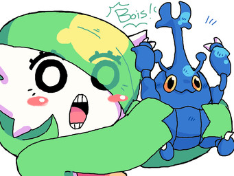 anthro blush duo female hair hair_over_eye holding_another humanoid_pointy_ears open_mouth pointy_ears simple_background white_background melfunnysmell nintendo pokemon gaba_(melfunnysmell) gardevoir generation_2_pokemon generation_3_pokemon heracross humanoid pokemon_(species) 4:3