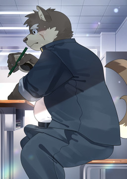 anthro belly blush bodily_fluids brown_body brown_fur classroom clothed clothing desk embarrassed erection erection_under_clothing eyebrows fur furniture holding_object holding_pencil male overweight pawpads pencil_(object) scar school school_uniform solo sweat table tenting thick_eyebrows uniform agitong agitoryuusaki lifewonders tokyo_afterschool_summoners moritaka_(tas) canid canine canis domestic_dog mammal absurd_res hi_res