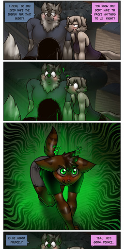 anthro aroused aura dialogue female group licking licking_lips male male/female menacing_aura pounce_pose text tongue tongue_out trio james_howard patreon alphonse_(james_howard) jill_(james_howard) richard_(james_howard) canid canine canis domestic_cat domestic_dog felid feline felis mammal wolf absurd_res comic english_text hi_res url
