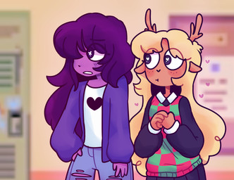 anthro antlers blonde_hair blush clothed clothing duo female freckles fur hair heart_eyes heart_symbol horn locker school koalify13 deltarune undertale_(series) noelle_holiday susie_(deltarune) deer mammal new_world_deer reindeer reptile scalie 2018 digital_media_(artwork)
