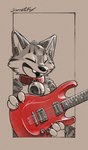 anthro bell bell_collar collar eyes_closed guitar holding_guitar holding_musical_instrument holding_object musical_instrument open_mouth plucked_string_instrument red_collar red_guitar simple_coloring simple_colors solo string_instrument softailfox misterkittens_(character) domestic_cat felid feline felis mammal black_and_white digital_drawing_(artwork) digital_media_(artwork) hi_res monochrome sketch