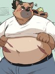 anthro belly big_belly bottomwear brown_body clothing duo kemono male navel overweight overweight_male pants scar shirt topwear metaporin lifewonders tokyo_afterschool_summoners ashigara_(tas) yasuyori_(tas) bear canid canine canis domestic_dog mammal 2024 3:4 hi_res