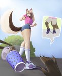 anthro big_butt bottomwear butt clothed clothing denim denim_bottomwear denim_clothing denim_shorts duo female footwear fully_clothed hair long_hair looking_back outside shoes shorts sneakers socks solo spilled_drink tail tripping yellow_eyes dein-schatten canid canine canis domestic_dog mammal hi_res