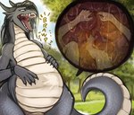 ambiguous_gender anthro belly big_belly burping day duo fangs grass grey_body grey_scales inside_stomach internal narrowed_eyes nude open_mouth outside plant red_tongue scales standing teeth tongue tongue_out tree vore white_body white_scales acidic mythology dragon human mammal mythological_creature mythological_scalie scalie