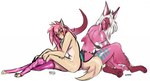 anthro duo female hair half_naked pink_hair tail kiit0s mythology aurum_(kiit0s) carina_(purplelemons) canid canine canis dragon mammal mythological_creature mythological_scalie scalie wolf