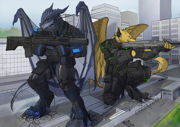 4_toes 5_fingers abs aiming anthro beak biceps biped blue_body boots bottomwear brown_body brown_fur building city city_background cityscape claws clothed clothing destruction duo feathered_wings feathers feet finger_claws fingerless_gloves fingers footwear fur gear gloves gun handwear holding_gun holding_object holding_ranged_weapon holding_weapon house macro macro_anthro macro_male male muscular muscular_anthro muscular_male outside paws pecs rampage ranged_weapon shoes sky stomping tail toe_claws toeless_boots toeless_footwear toes topwear vehicle vehicle_destruction weapon wings horizon65836561 mythology carpo erio_(kaemn) avian dragon gryphon mythological_avian mythological_creature mythological_scalie scalie hi_res