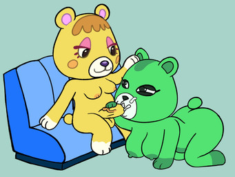 all_fours anthro balls bodily_fluids breasts cum cum_on_face ejaculation fellatio female furniture genital_fluids genitals gynomorph half-closed_eyes hand_on_head intersex intersex/female narrowed_eyes nude oral penile penis sex sofa darkpatito animal_crossing nintendo fan_character tammy_(animal_crossing) trixie_(rubidiumnitride) bear cricetid hamster mammal rodent 4:3 hi_res